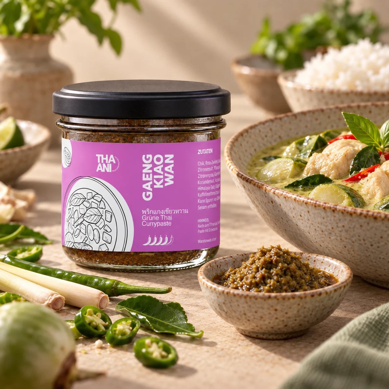 Gaeng Kiao Wan — Grüne Currypaste mit serviertem Gericht