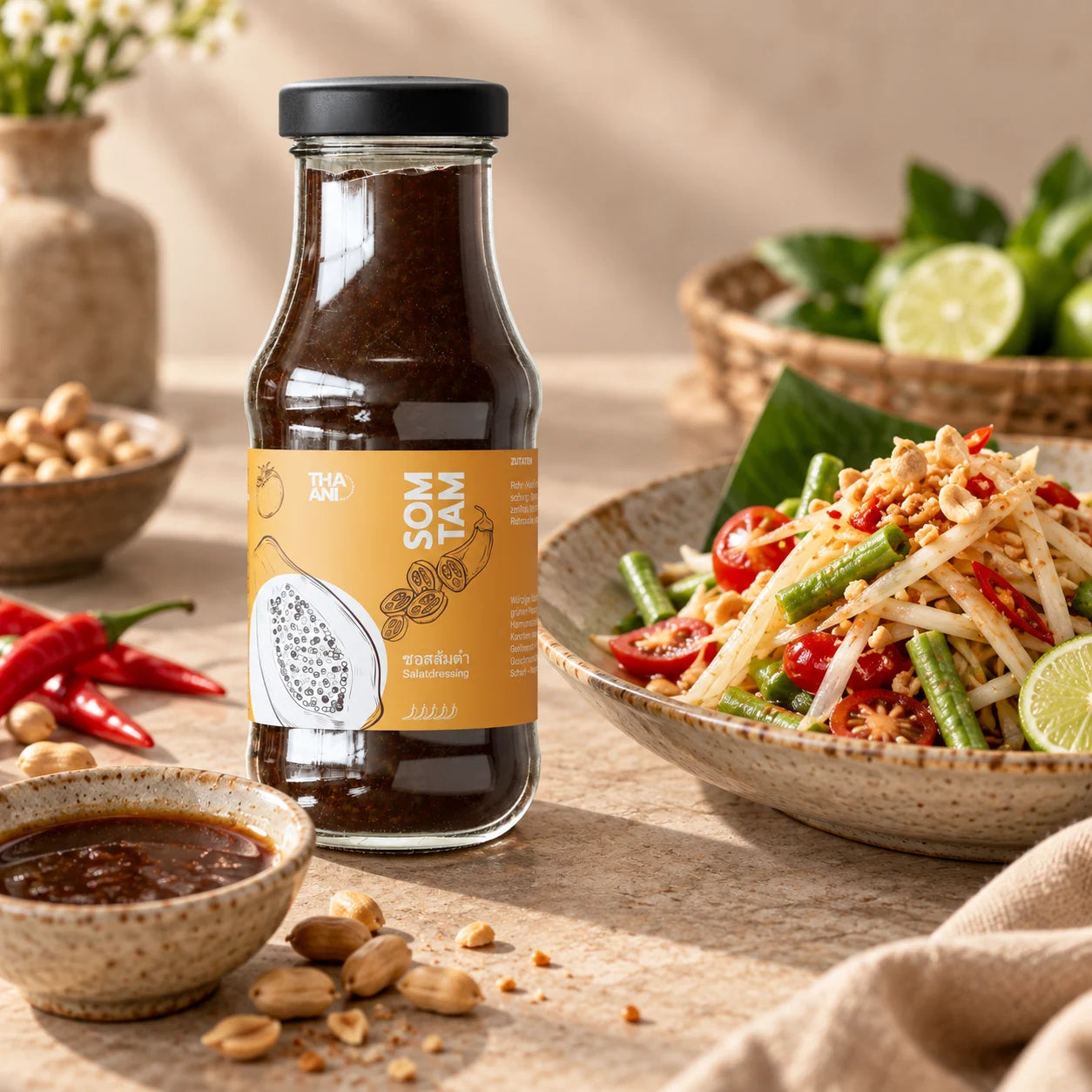 Som Tam — Salatdressing mit serviertem Gericht