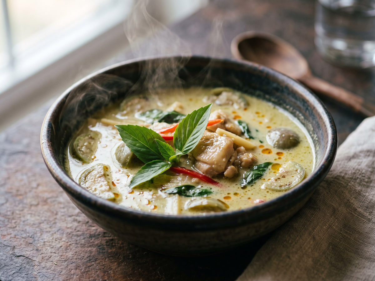 Dampfendes grünes Thai-Curry mit Thai-Basilikum in einer Steingutschale