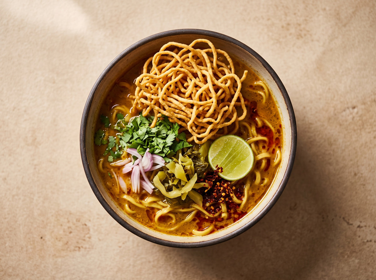 Khao Soi von oben: nordthailändisches Curry mit knusprigen Eiernudeln, Koriander, Schalotten und Limette