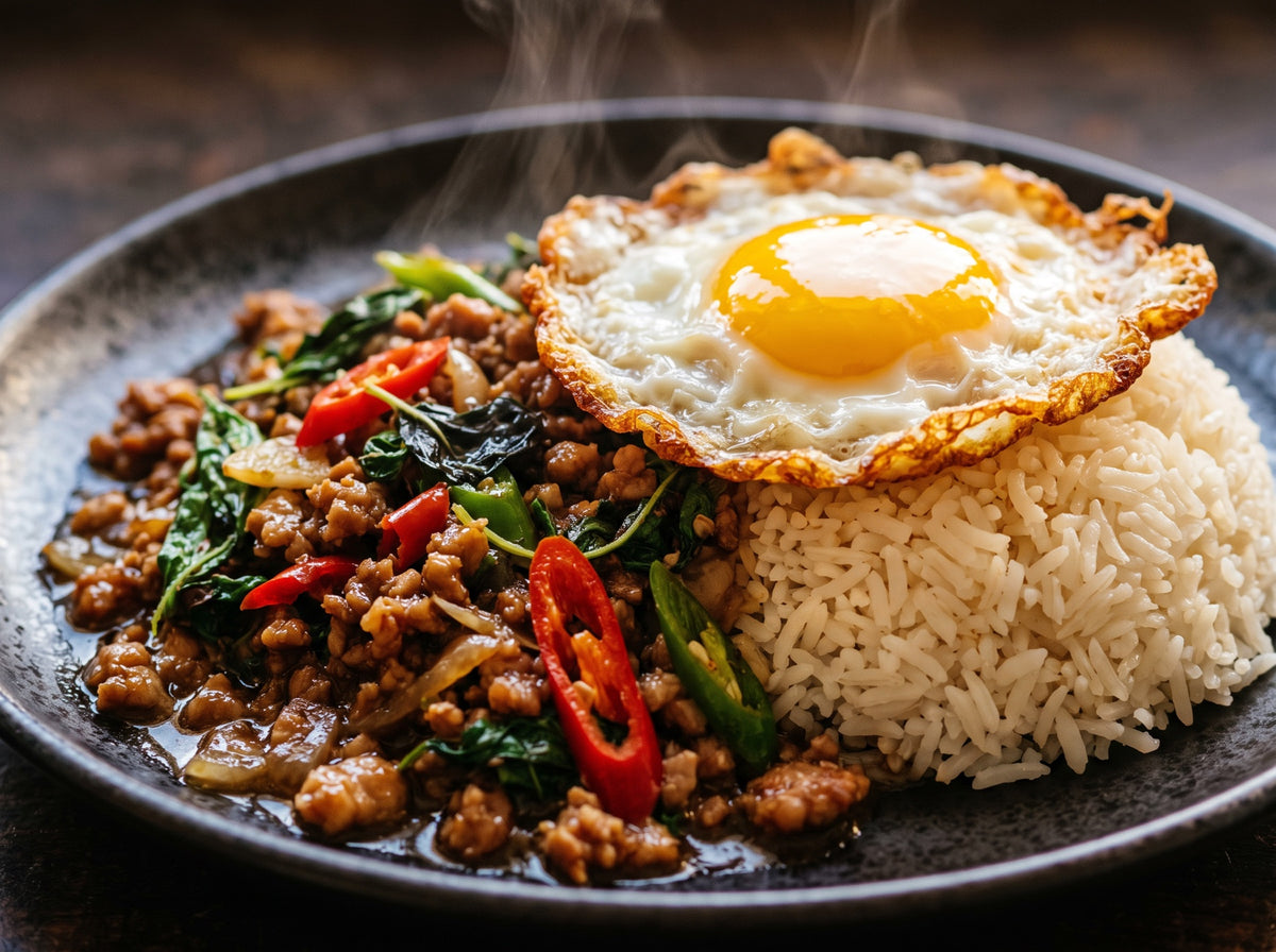 Pad Krapao mit Jasminreis und knusprigem Spiegelei, dampfend auf dunklem Teller