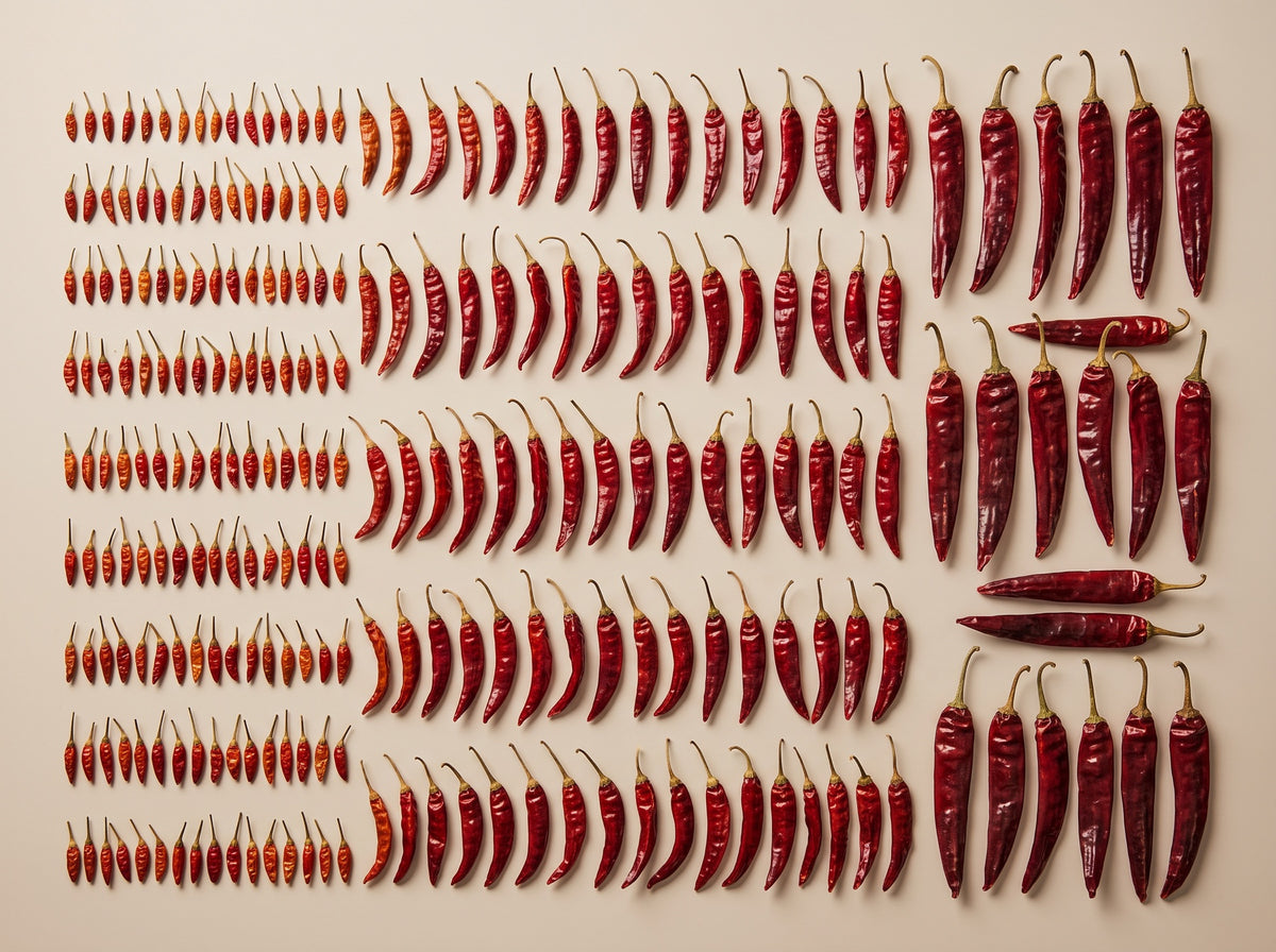 Getrocknete Thai-Chilis nach Grösse sortiert auf beiger Fläche