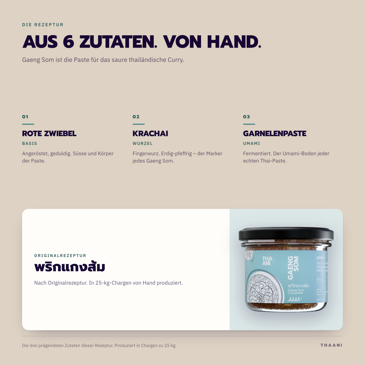 Gaeng Som – die prägendsten Zutaten der Originalrezeptur, von Hand in 25-kg-Chargen produziert