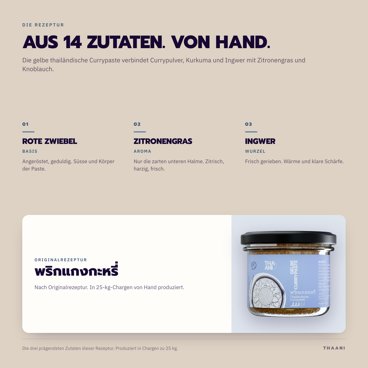 Gelbe Currypaste – die prägendsten Zutaten der Originalrezeptur, von Hand in 25-kg-Chargen produziert