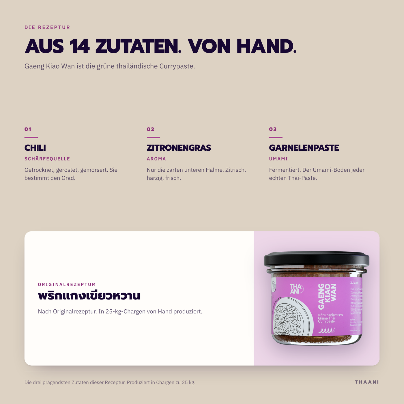 Gaeng Kiao Wan – die prägendsten Zutaten der Originalrezeptur, von Hand in 25-kg-Chargen produziert