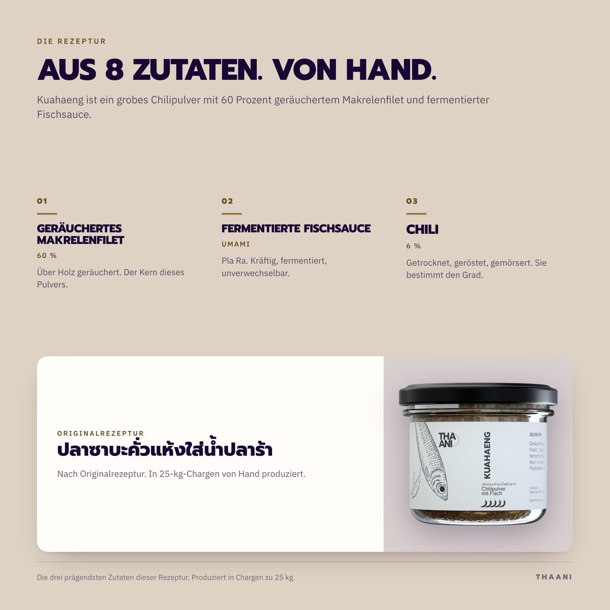 Kuahaeng – die prägendsten Zutaten der Originalrezeptur, von Hand in 25-kg-Chargen produziert
