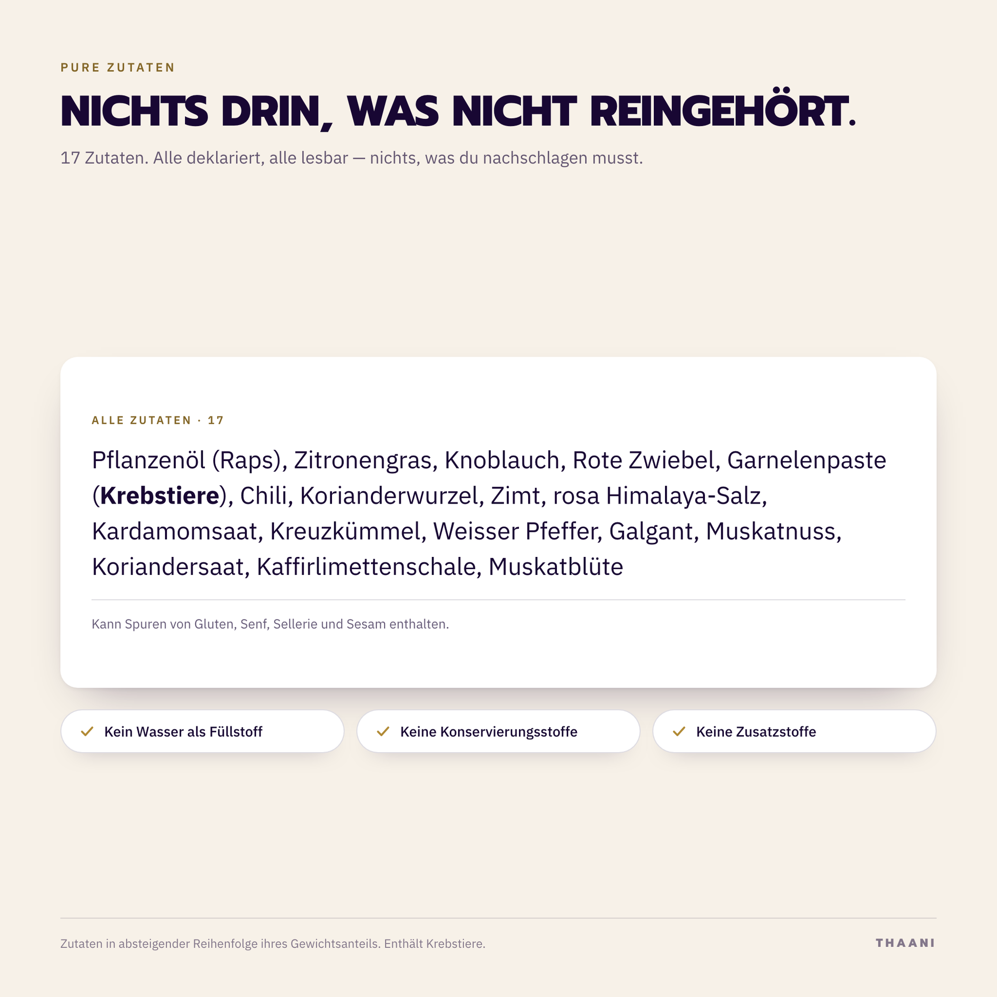 Gaeng Massaman – Zutatenliste: alle Zutaten deklariert, ohne Zusatz- und Konservierungsstoffe