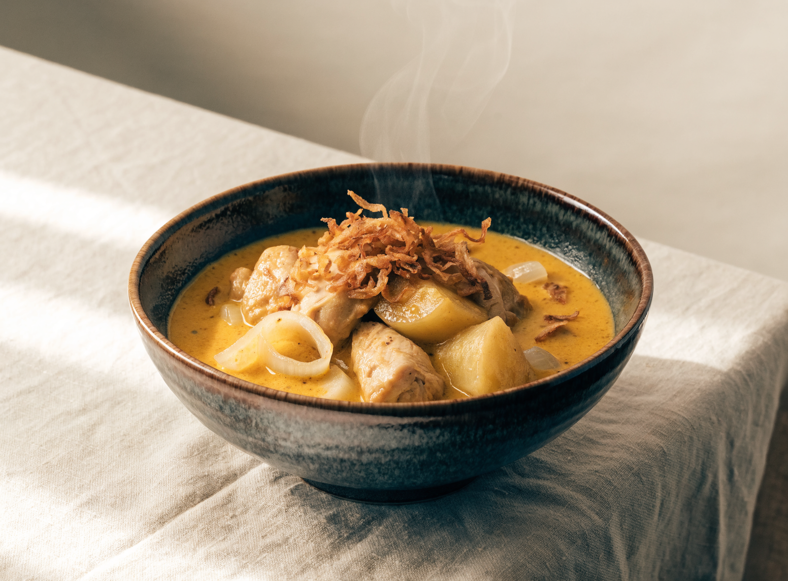 Gelbes Thai-Curry mit Poulet, Kartoffeln und Röstzwiebeln