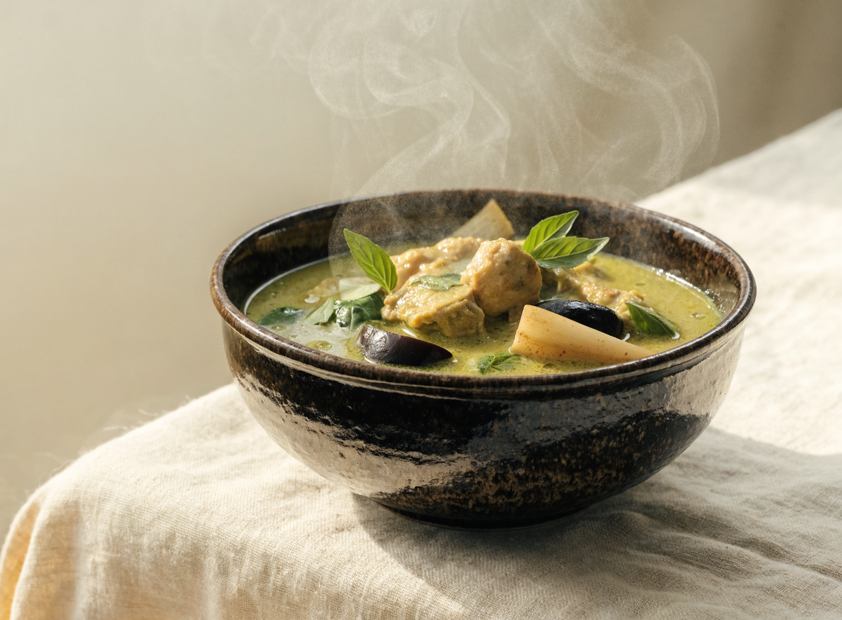 Grünes Thai-Curry mit Poulet, Thai-Auberginen und Thai-Basilikum