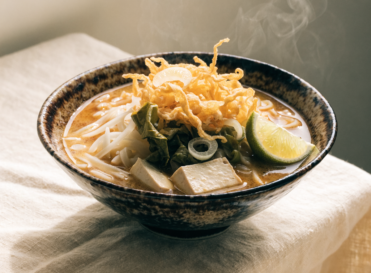 Khao Soi — Kokos-Curry-Nudelsuppe mit knusprigen Nudeln