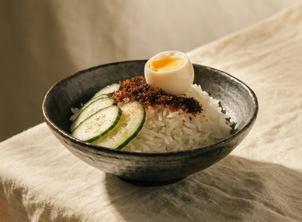 Reisschale mit Kuahaeng Chilipulver, Gurke und Ei
