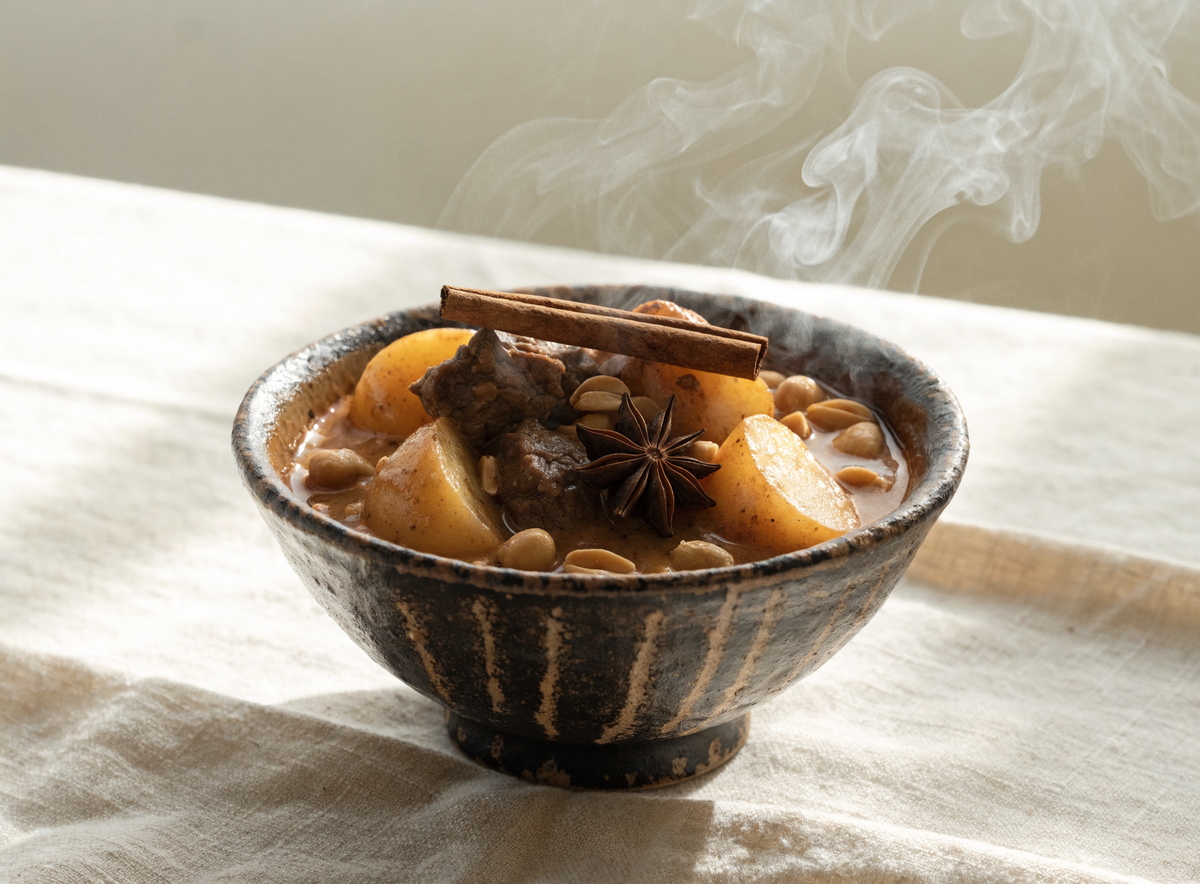 Massaman-Curry mit Rind, Kartoffeln und gerösteten Erdnüssen