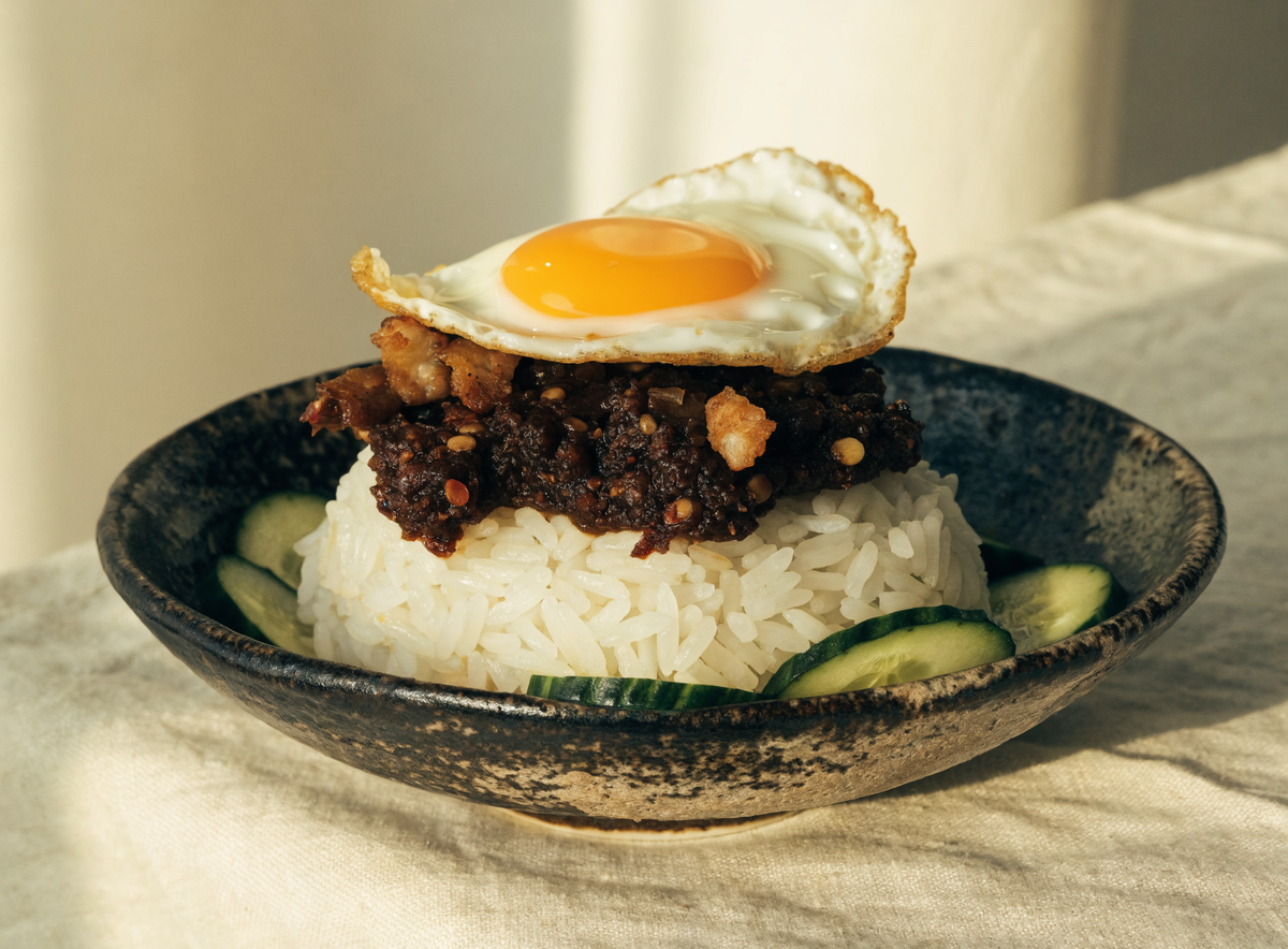 Reis-Bowl mit Pao Moo, Spiegelei und Gurke