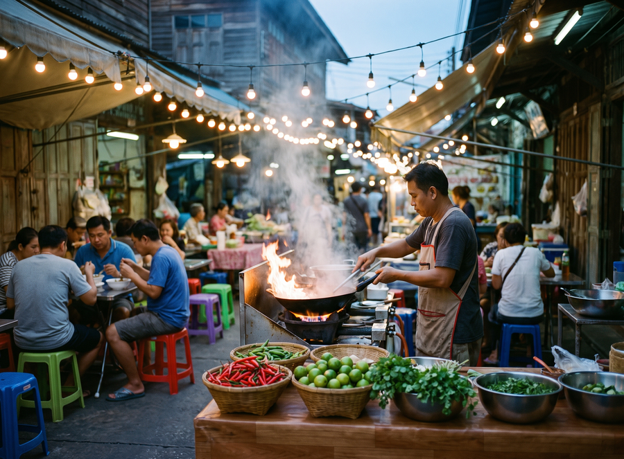 Thailändischer Nachtmarkt mit dampfenden Woks