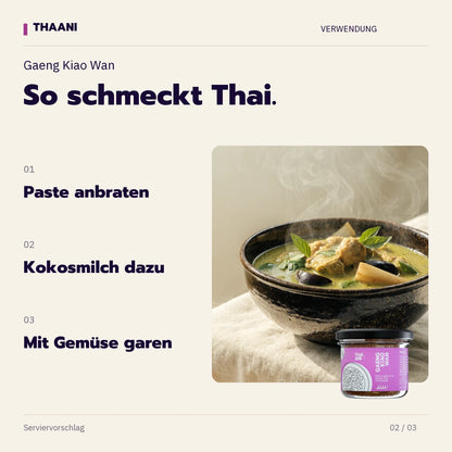 Gaeng Kiao Wan – Paste anbraten, Kokosmilch dazu, Mit Gemüse garen (thaani-infografik-gruene-currypaste-anwendung-v3)