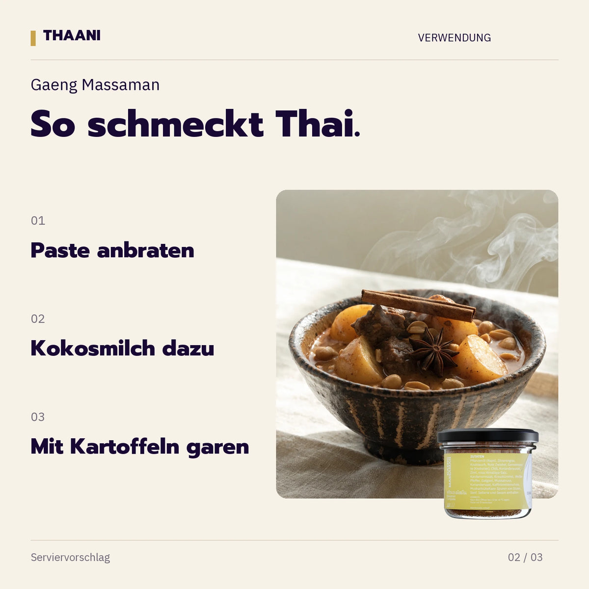 Gaeng Massaman – Paste anbraten, Kokosmilch dazu, Mit Kartoffeln garen (thaani-infografik-massaman-currypaste-anwendung-v3)
