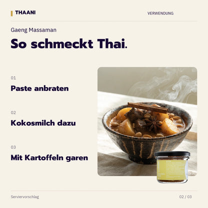 Gaeng Massaman – Paste anbraten, Kokosmilch dazu, Mit Kartoffeln garen (thaani-infografik-massaman-currypaste-anwendung-v3)