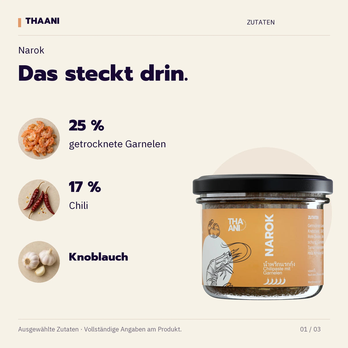 Narok – 25 % getrocknete Garnelen, 17 % Chili, Knoblauch (thaani-infografik-narok-zutaten-v3)