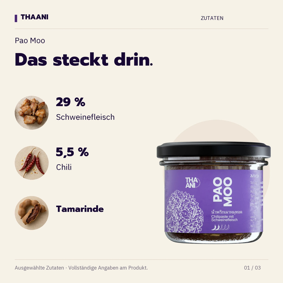 Pao Moo – 29 % Schweinefleisch, 5,5 % Chili, Tamarinde (thaani-infografik-pao-moo-zutaten-v3)