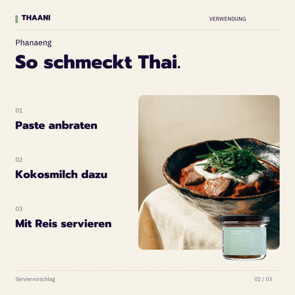 Phanaeng – Paste anbraten, Kokosmilch dazu, Mit Reis servieren (thaani-infografik-phanaeng-anwendung-v3)