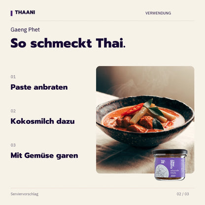 Gaeng Phet – Paste anbraten, Kokosmilch dazu, Mit Gemüse garen (thaani-infografik-rote-currypaste-anwendung-v3)
