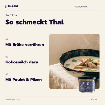 Tom Kha – Mit Brühe verrühren, Kokosmilch dazu, Mit Poulet & Pilzen (thaani-infografik-tom-kha-anwendung-v3)