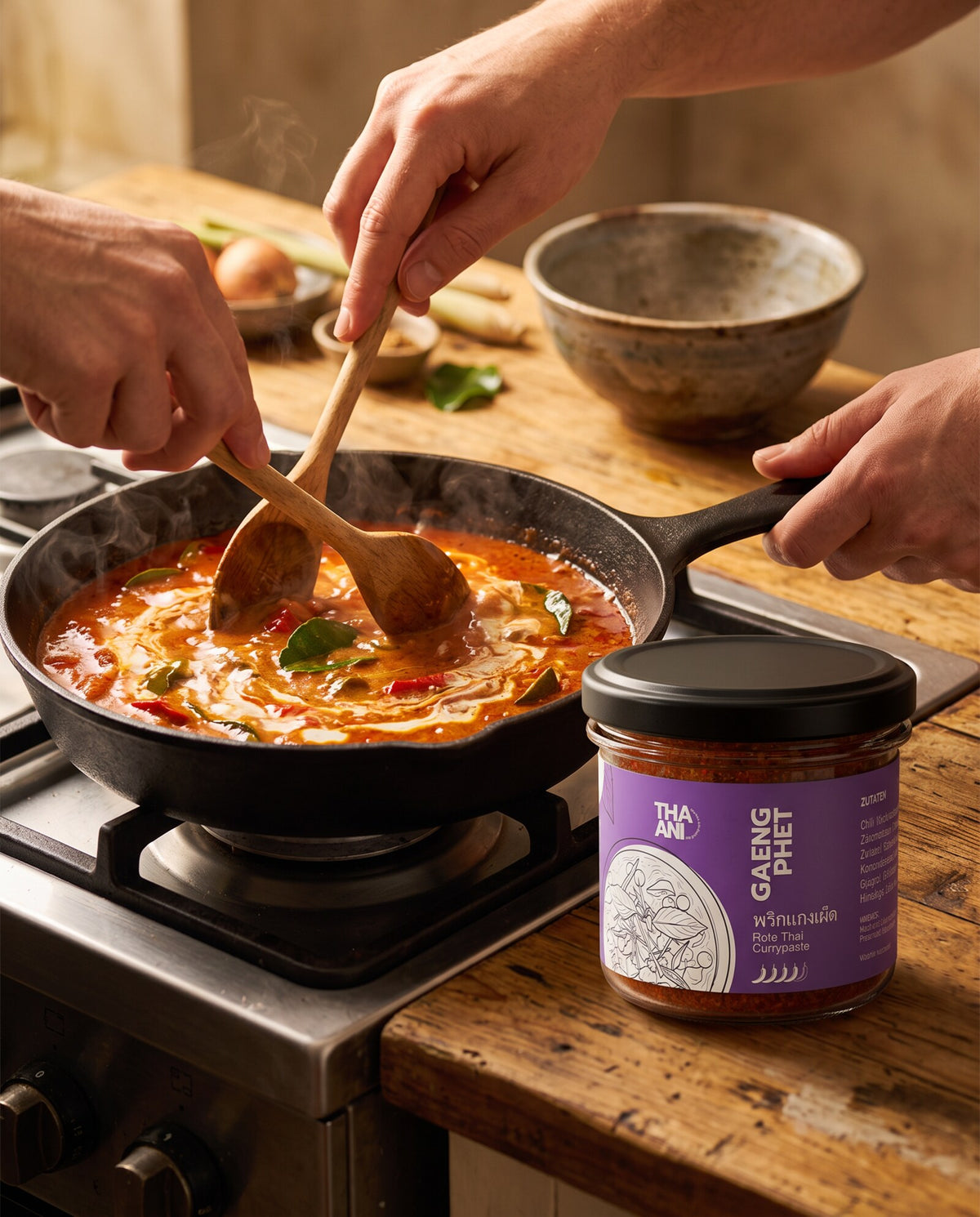 Hände rühren rotes Thai-Curry in einer Gusseisenpfanne, daneben ein THAANI-Glas mit roter Currypaste