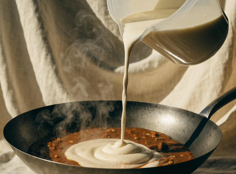 Kokosmilch wird in die Pfanne gegossen
