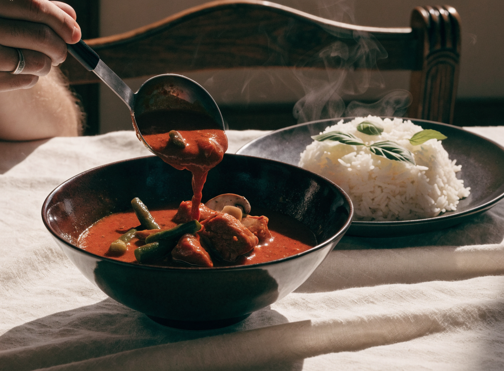 Fertiges Curry wird mit Reis serviert