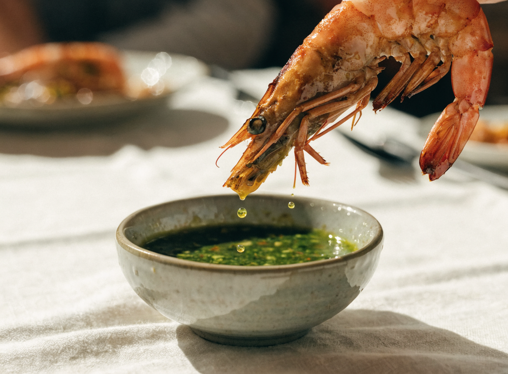 Grillierte Crevette wird in die Sauce getunkt