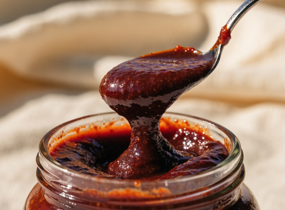 Chilipaste wird aus dem Glas gelöffelt