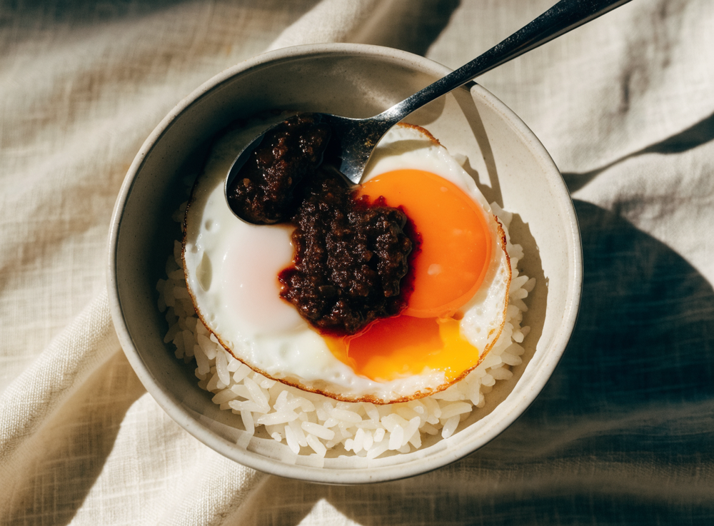 Chilipaste auf Reis mit Spiegelei