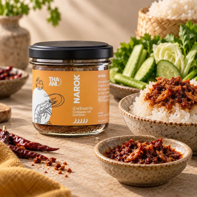Narok — Pasta di peperoncino con gamberetti con piatto servito