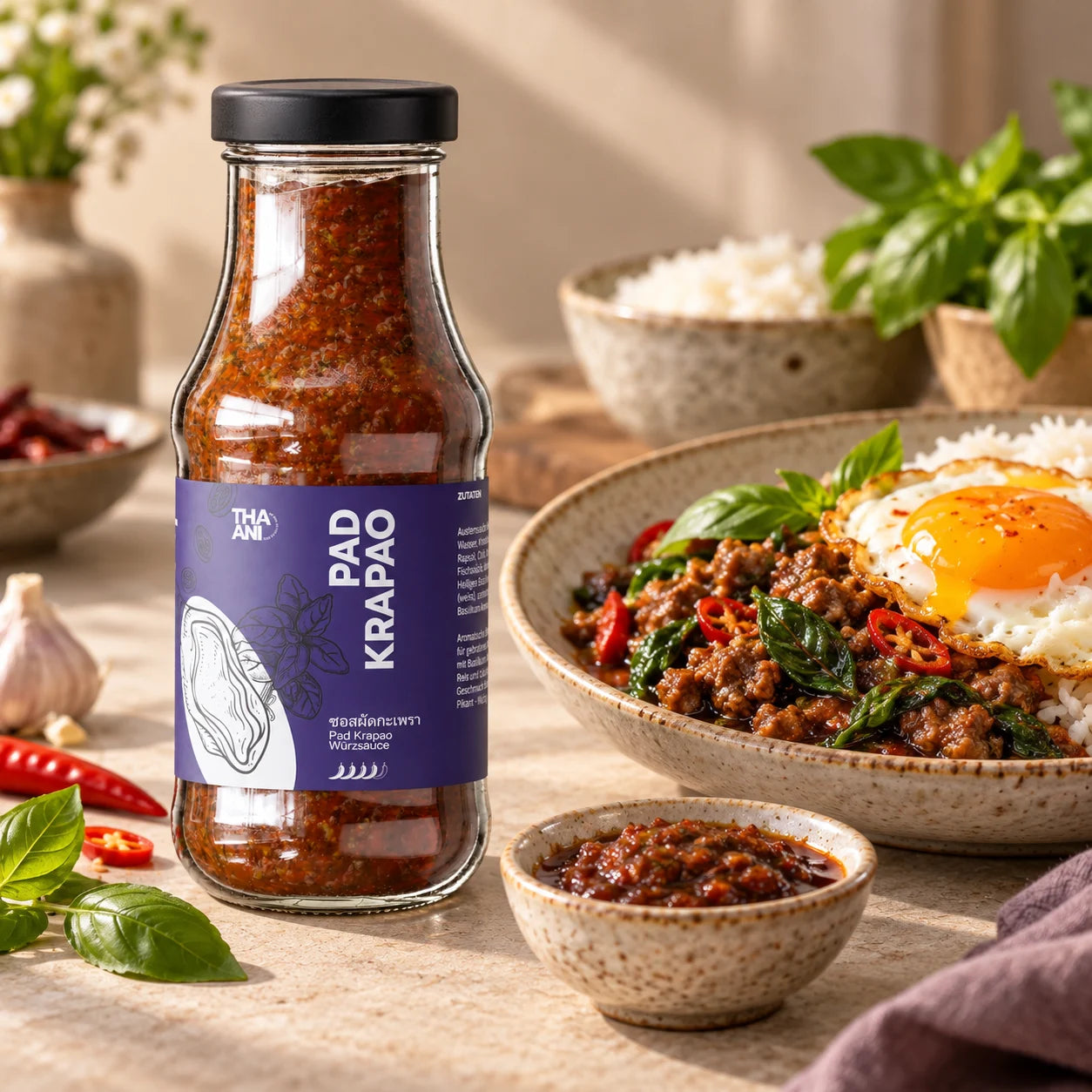 Pad Krapao — Salsa condita con piatto servito