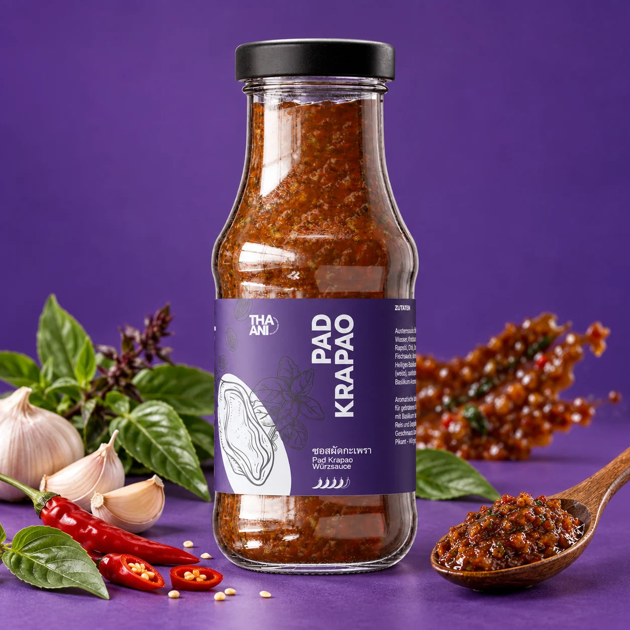 Pad Krapao — Salsa condita su sfondo colorato