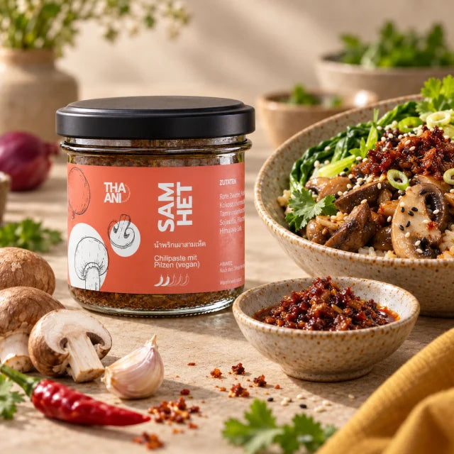 Sam Het — Chilipaste mit Pilzen mit serviertem Gericht